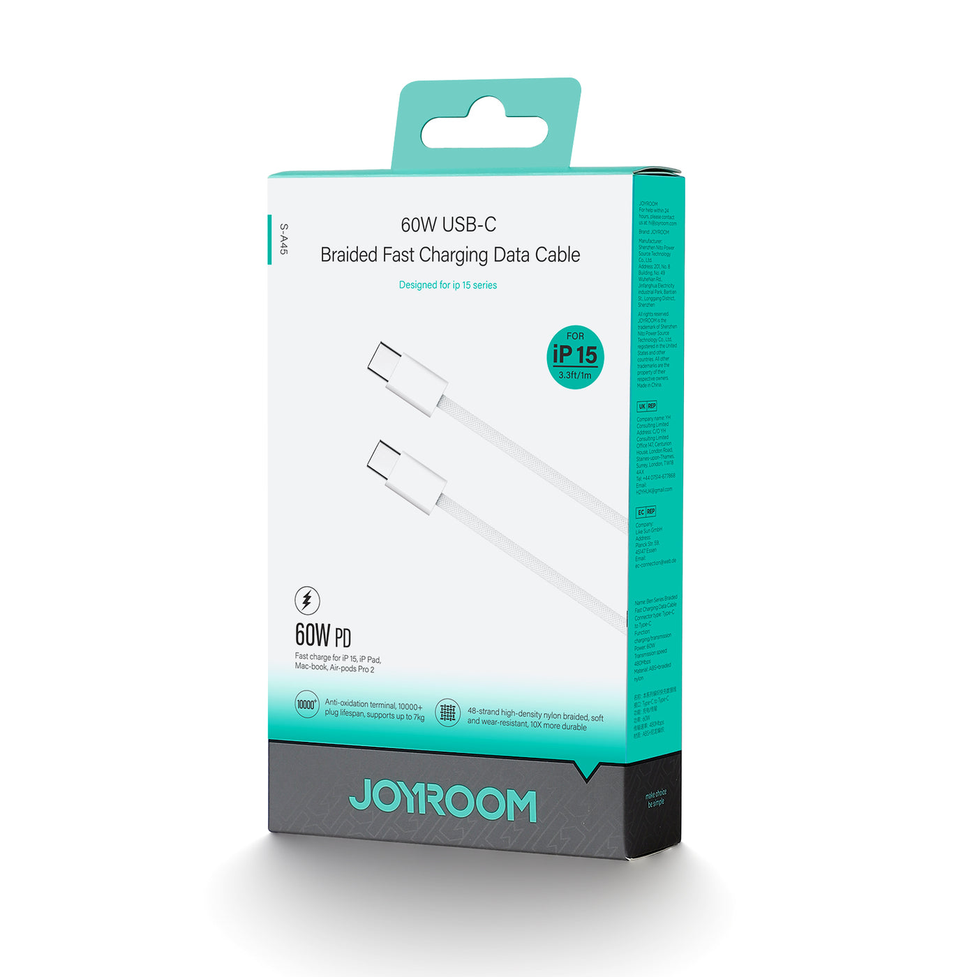 S-a45 Ben Series Braided 60w Fast Charging Data Cable (type-c To Type-c) 1m-white
