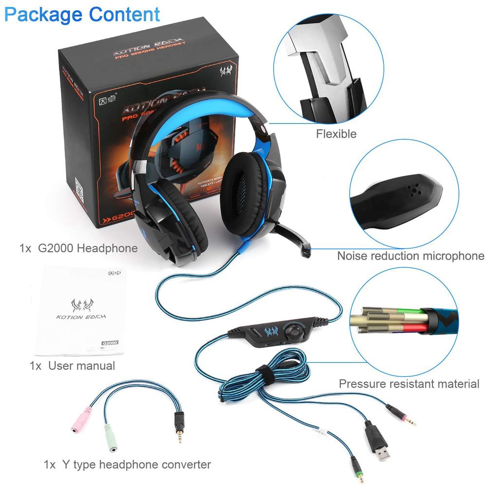 Kotion Each-g2000 Stereo Gaming Headset Deep Bass Computer Gaming Wired Headphone With Led Light & Mic