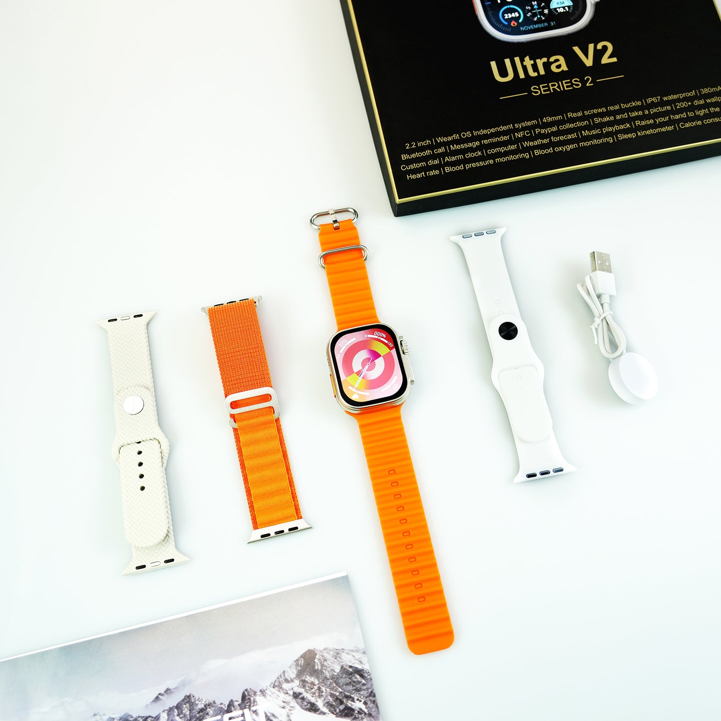 Ultra V2 New Fashion 2.2 Large Screen With 4 Straps Smart Watch With Wearfit Pro App Black